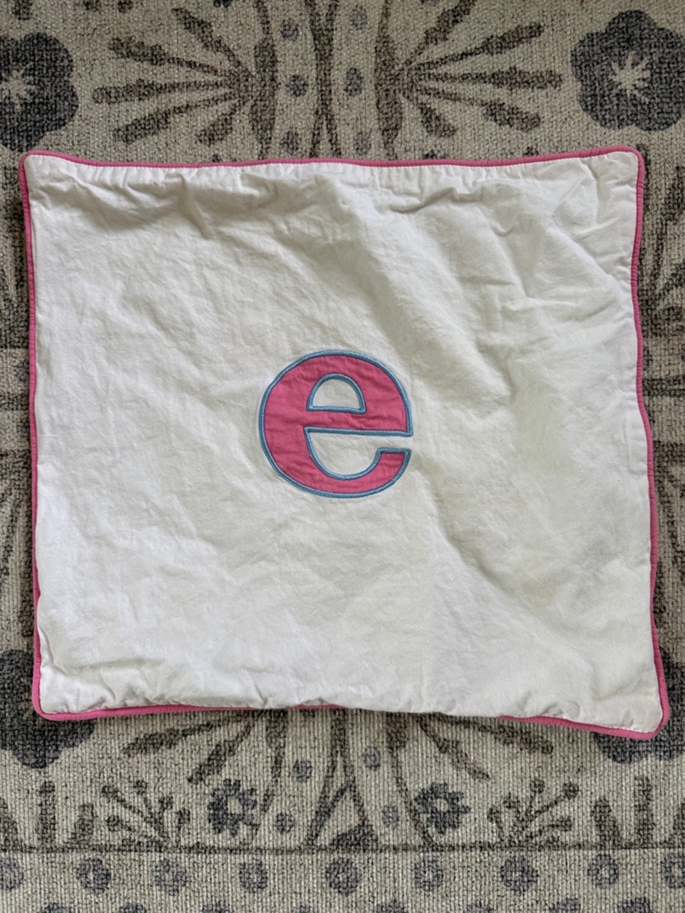 Pottery Barn Kids White Pillow Cover with Pink and Blue Monogram 'e'
